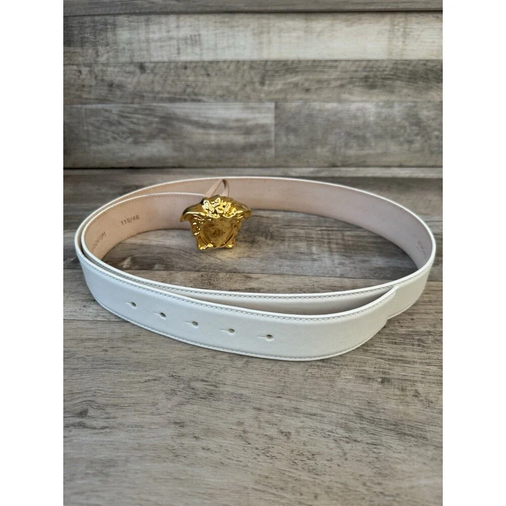 Versace Medusa Biggie 3D Gold Buckle White Leather Belt Size 115/46 w/ Dust Bag